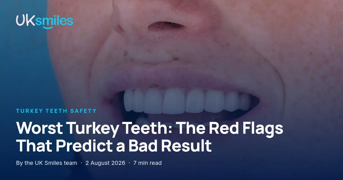 Worst turkey teeth red flags: article banner with the guide title over a smile result at UK Smiles in Antalya