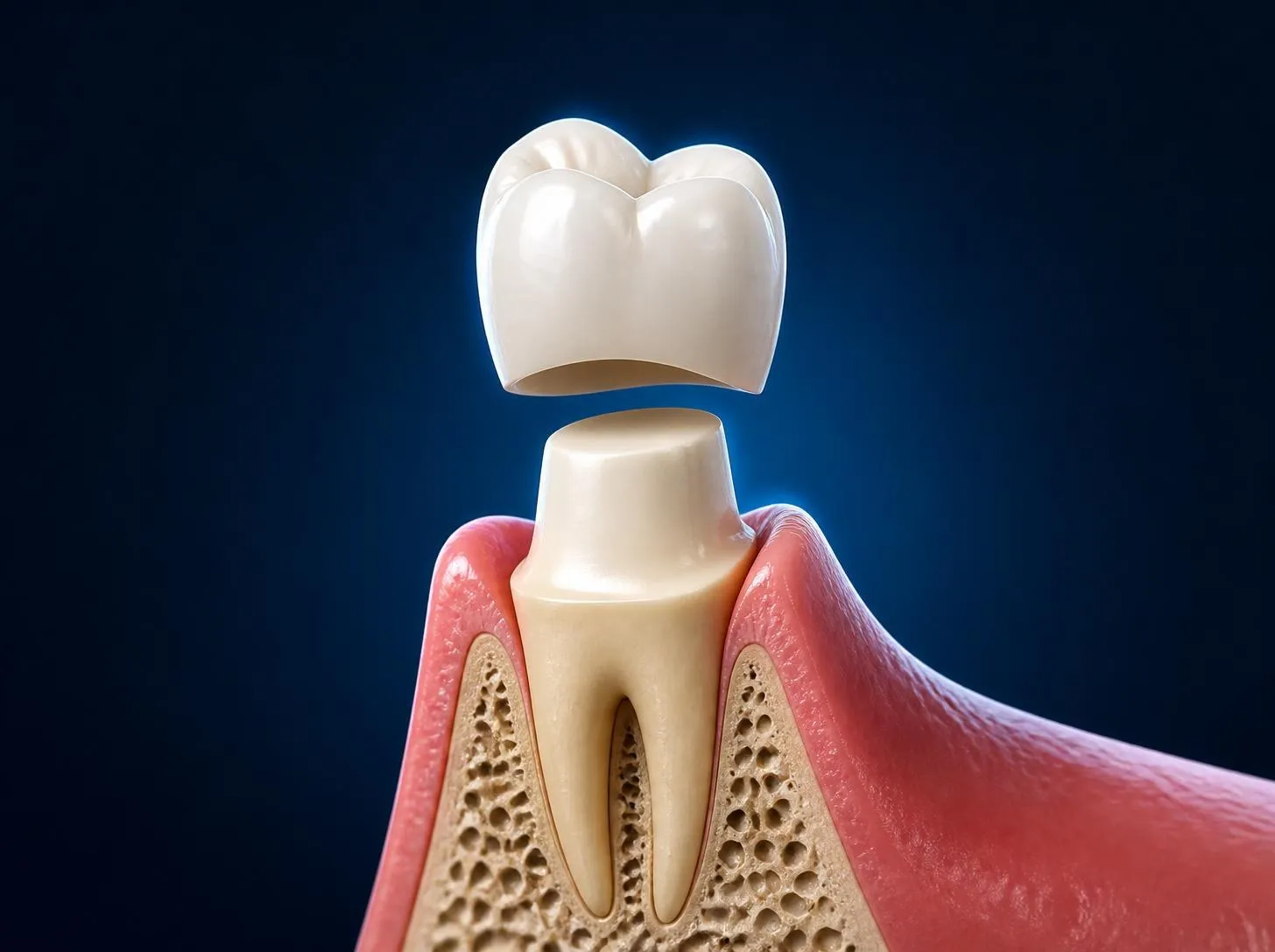 3D illustration of a zirconia crown being placed over a shaped tooth