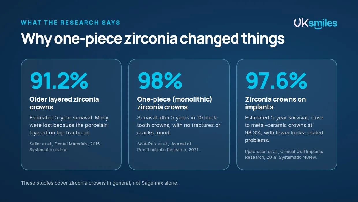 Research summary: older layered zirconia crowns 91.2% five-year survival, one-piece monolithic zirconia crowns 98% after five years, zirconia crowns on implants 97.6% five-year survival