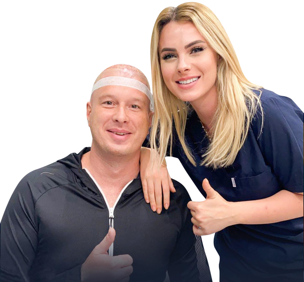 man and woman posing after a hair transplant